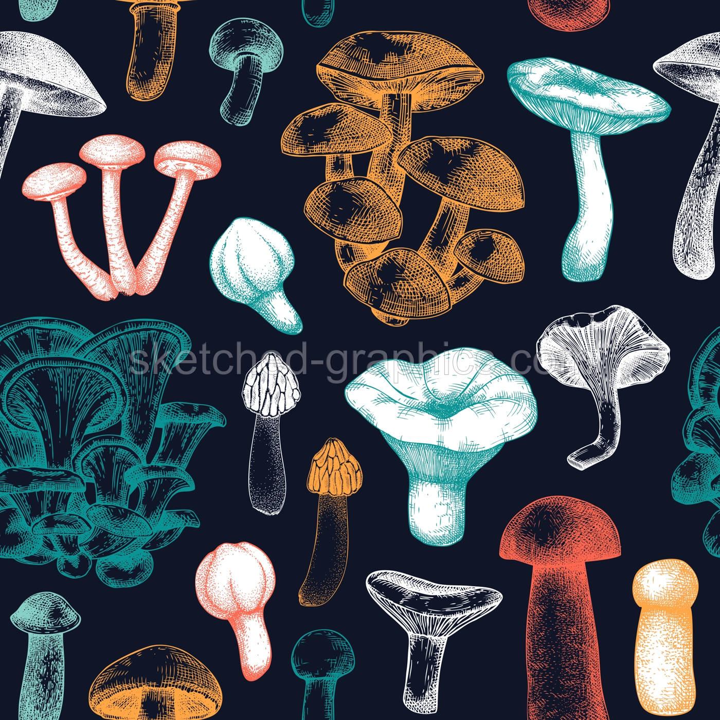 Edible mushrooms background. Healthy food seamless pattern. Forest mushroom sketch. Hand-drawn vector illustration. NOT AI generated Illustration